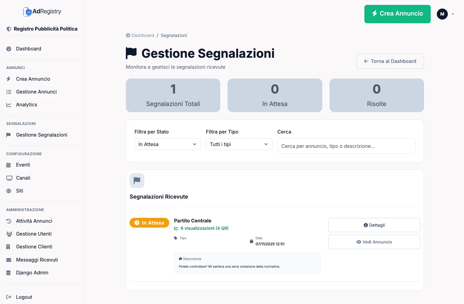 Gestione Segnalazioni - AdRegistry