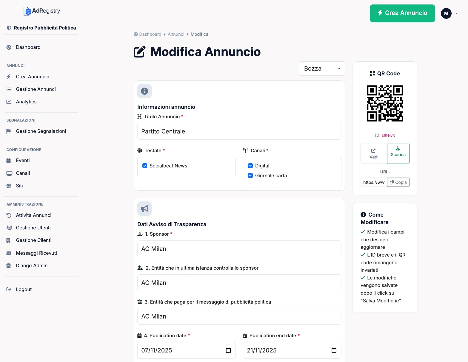 Modifica Annuncio - AdRegistry